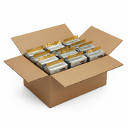 Open cardboard box filled with multiple packages on a white background