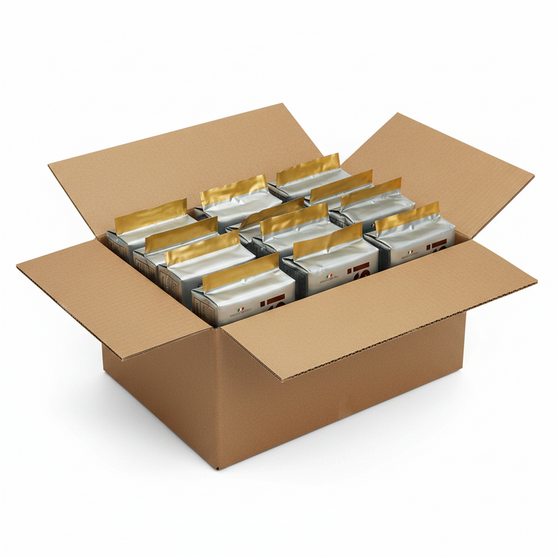 Open cardboard box filled with multiple packages on a white background