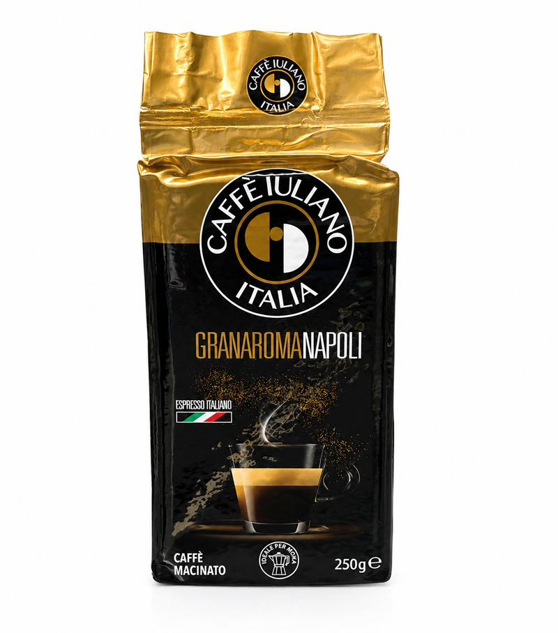 A 250g bag of Caffé Italiano Granaromanapoli espresso, featuring a metallic gold and black packaging design with a graphic of an espresso cup.