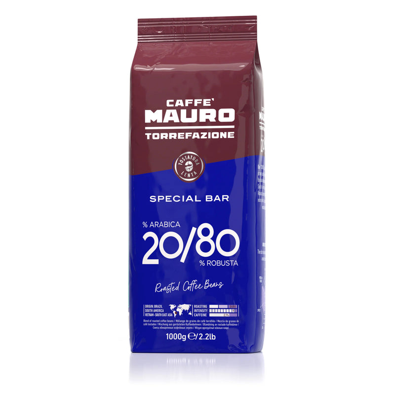 A bag of Caffe Mauro Special Bar espresso beans with a label indicating a blend of 20% Arabica and 80% Robusta beans, packaged in a 2.2 lb bag.