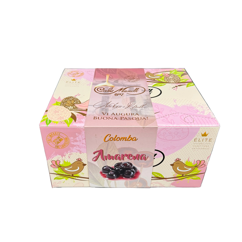Box of Colombara Amarena Easter cake with decorative design held in a warehouse setting.