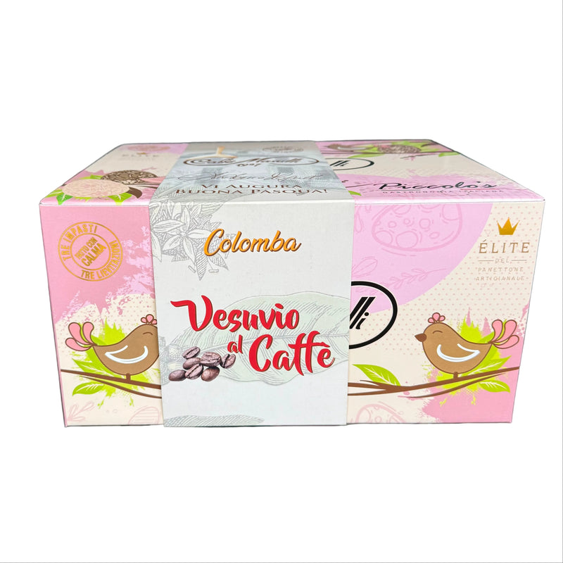 Box of Colombari Vesuvio Caffè coffee with colorful design held by a person in an indoor setting.