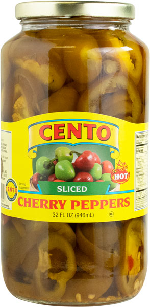 A 32 fl oz glass jar of Cento Sliced Cherry Peppers filled with sliced red and yellow peppers in oil, featuring a bright yellow label with the Cento brand logo.