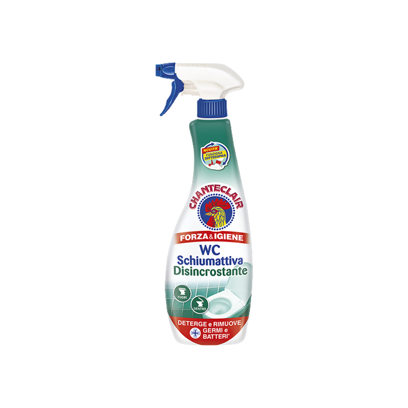 A bottle of Chanteclair WC Active-Foam Descaler with a spray nozzle, predominantly white with green and red accents, labeled for bathroom cleaning.