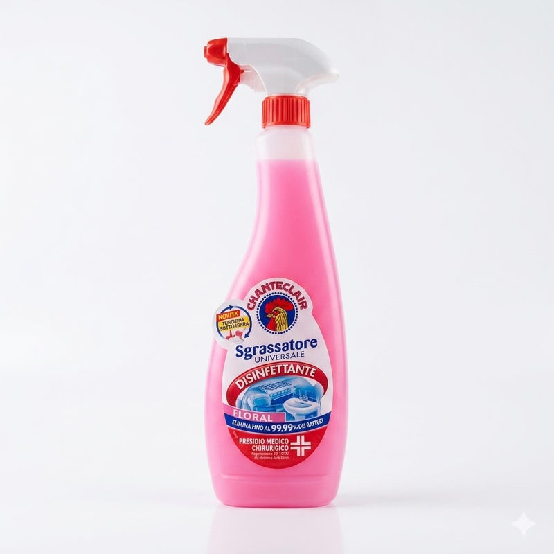 Pink spray bottle with red nozzle on a white background