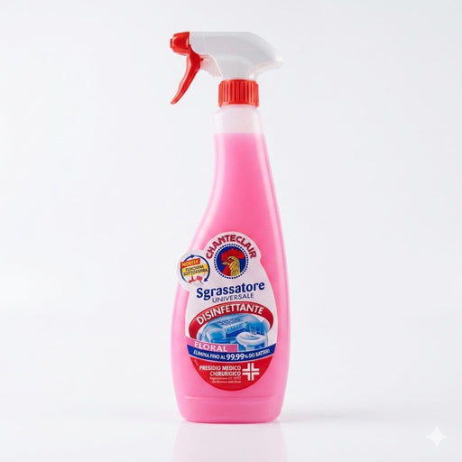 Pink spray bottle with red nozzle on a white background