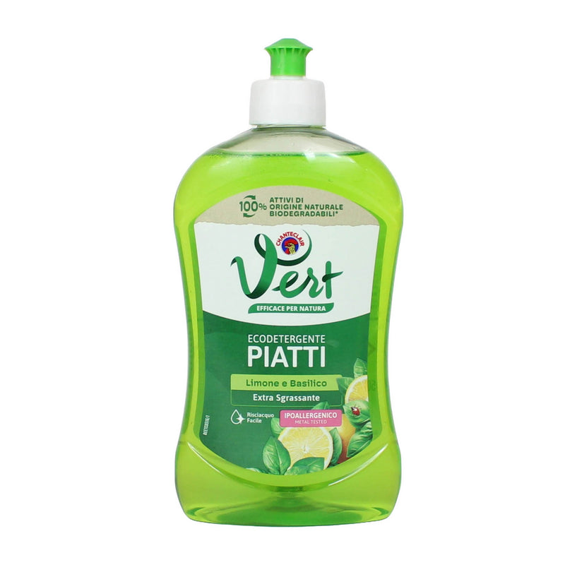 A bottle of Vert EcoDetergente Piatti dishwashing liquid in lemon and basil scent, featuring a bright green translucent liquid inside a clear plastic bottle with a green and white pump cap.