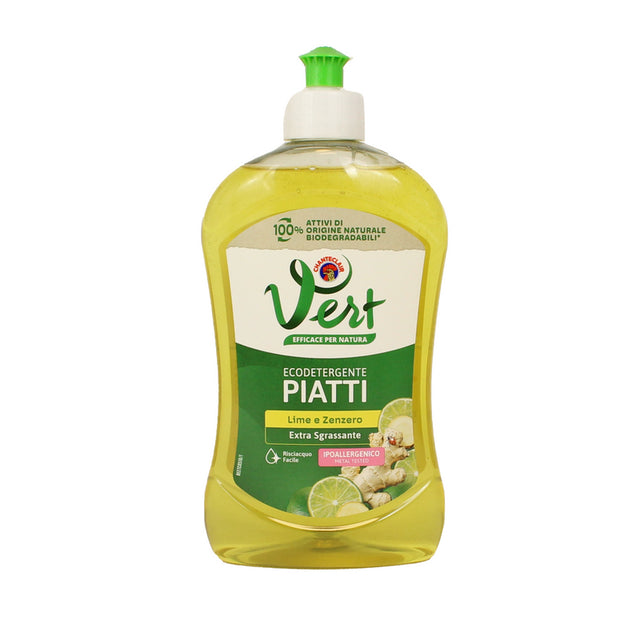 A bottle of Vert Eco detergent for dishes, featuring a translucent yellow-green liquid, a green and white label, and a green flip-top cap, shown on a plain white background.