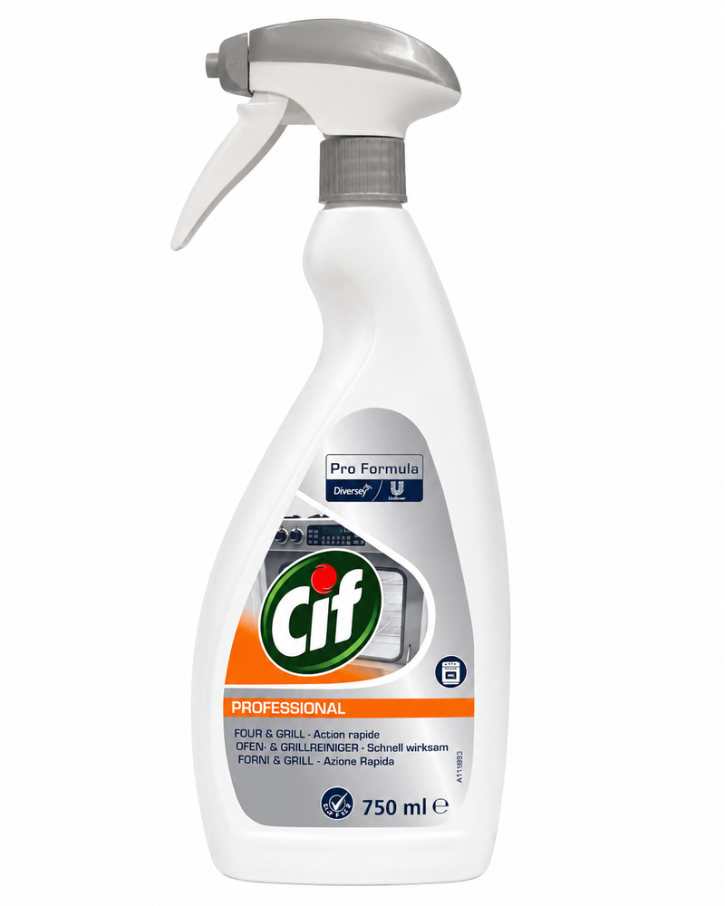 A 750 ml bottle of Cif Professional cleaning spray on a plain white background. The bottle is white with a gray trigger sprayer and a label featuring the Cif logo in green and orange.