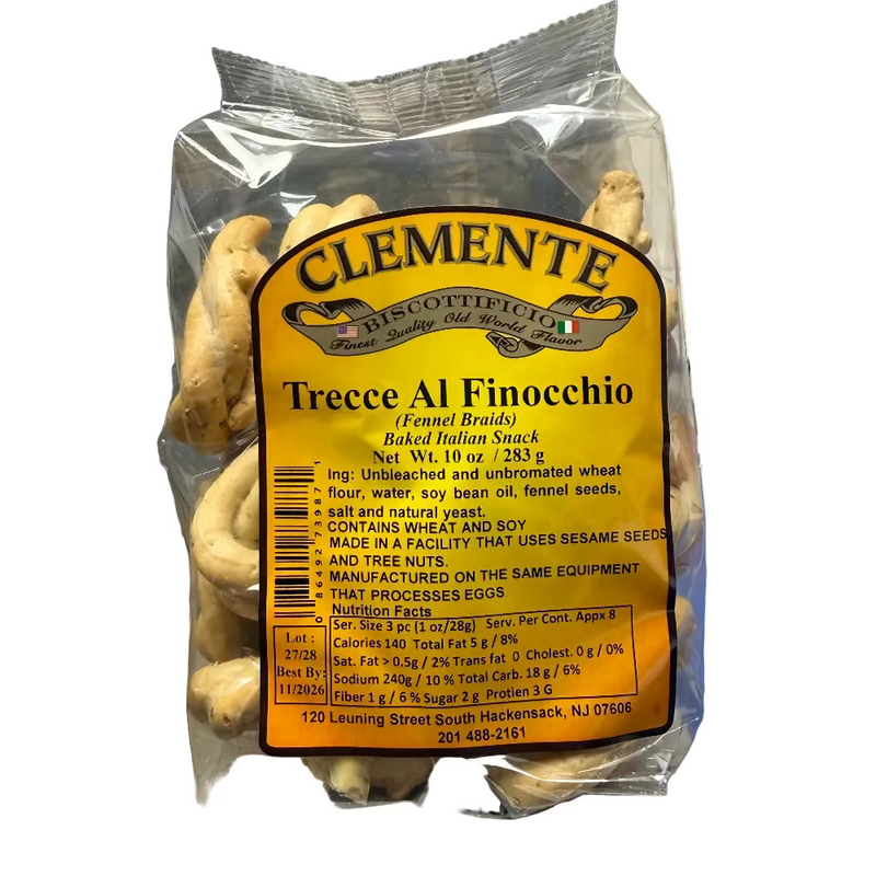 Packaged cookies with a Clemente label on a kitchen counter