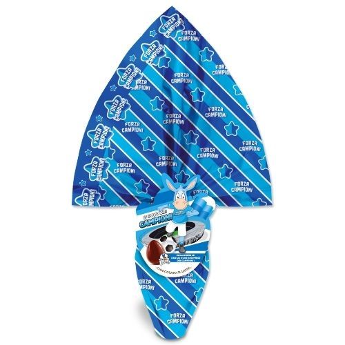 Blue and white packaging with a cartoon character and soccer ball design on a white background