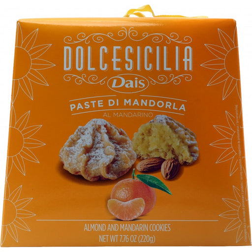 Dolcesicilia Dais almond and mandarin cookies packaging on an orange background