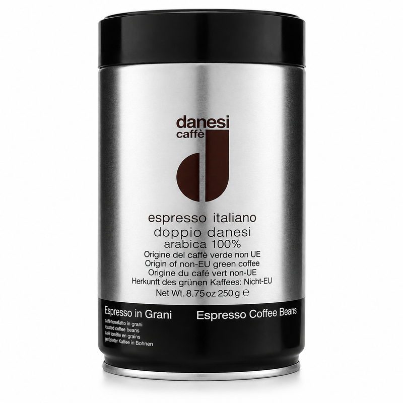 Danesi Doppio Danesi Espresso Coffee Beans in a cylindrical silver canister with a black lid and base, on a white background.
