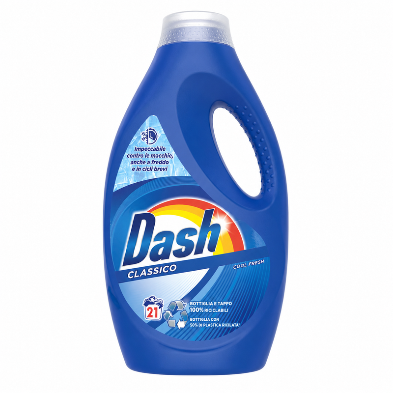 A blue bottle of Dash Classico Cool Fresh laundry detergent on a plain white background.