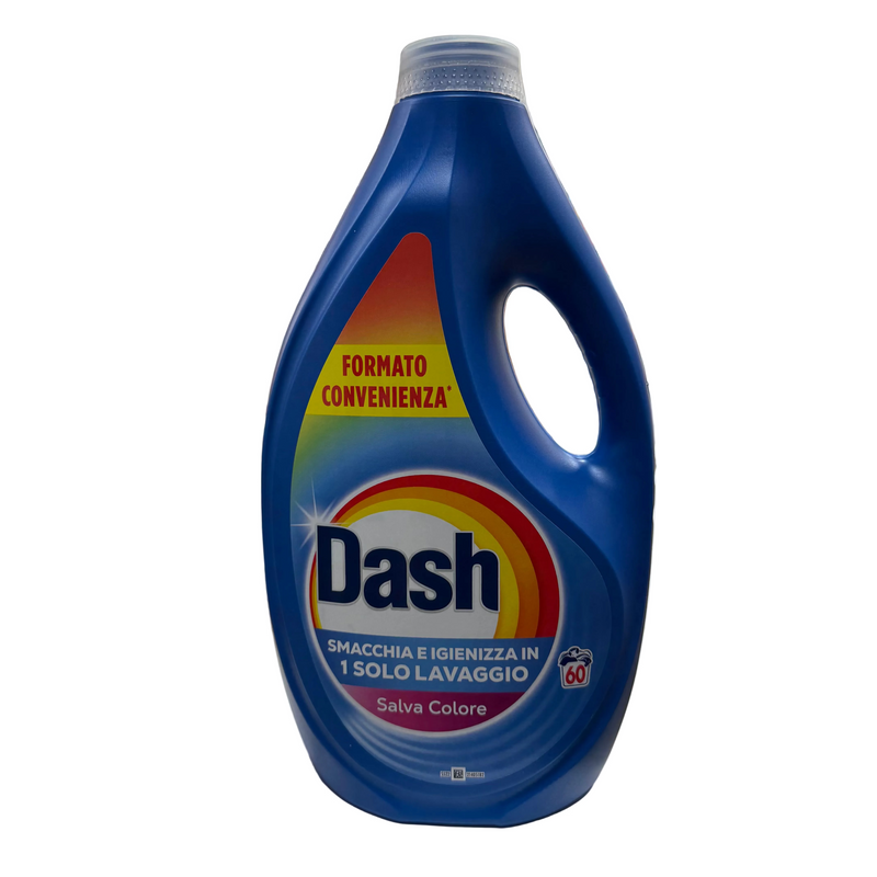A blue bottle of Dash laundry cleaner concentrate standing on a store shelf, with the Dash logo clearly visible on the front label.