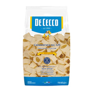 Packaging of De Cecco Calamarata pasta showing the product name, number, weight, and an image of the pasta shapes. The background is primarily blue with white text and yellow accents.