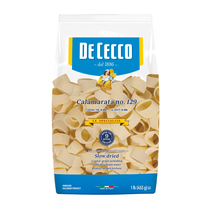 Packaging of De Cecco Calamarata pasta showing the product name, number, weight, and an image of the pasta shapes. The background is primarily blue with white text and yellow accents.
