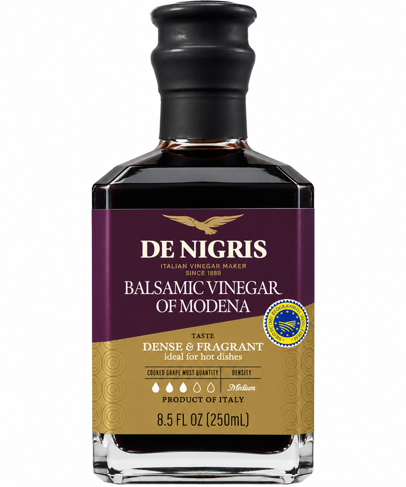 A bottle of De Nigris Balsamic Vinegar of Modena, 8.5 fl oz (250 mL), featuring a dark purple and gold label with a black cap, shown against a plain white background.