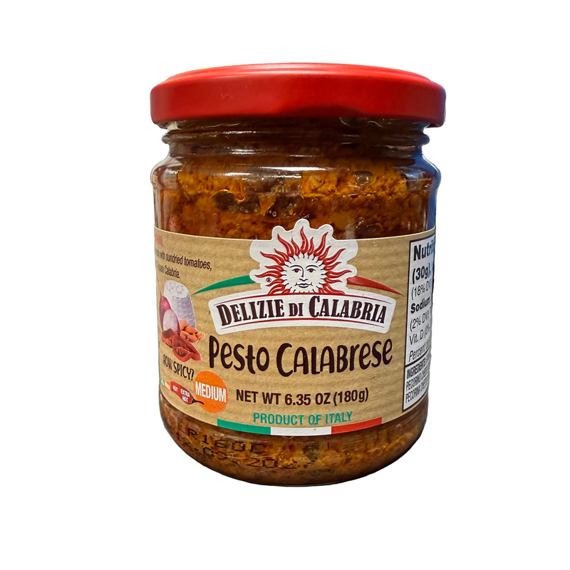 Jar of Delizie di Calabria Pesto Calabrese on a kitchen counter