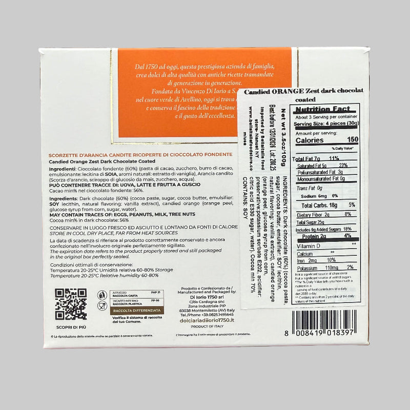 Di Iorio Candied Orange Zest w/ Dark Chocolate, 3.53 oz | 100g