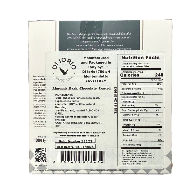 Nutrition facts label on a Diiorio almond dark chocolate product