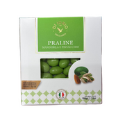 Box of Praline Mandora e Pistacchio with green label on a white background