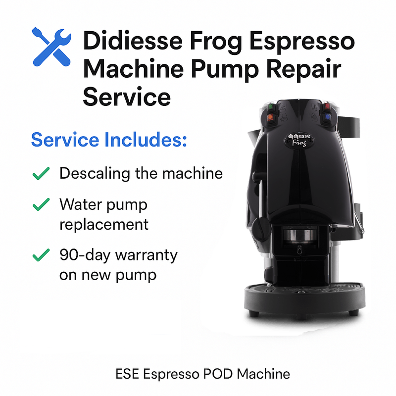 Didiessse Frog Espresso Machine Pump Repair Service advertisement with machine and service details.
