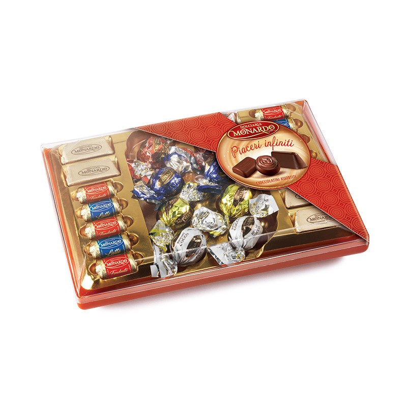 A large gift box of Dolciaria Monardo assorted chocolates, featuring various wrapped candies and a red and gold design.