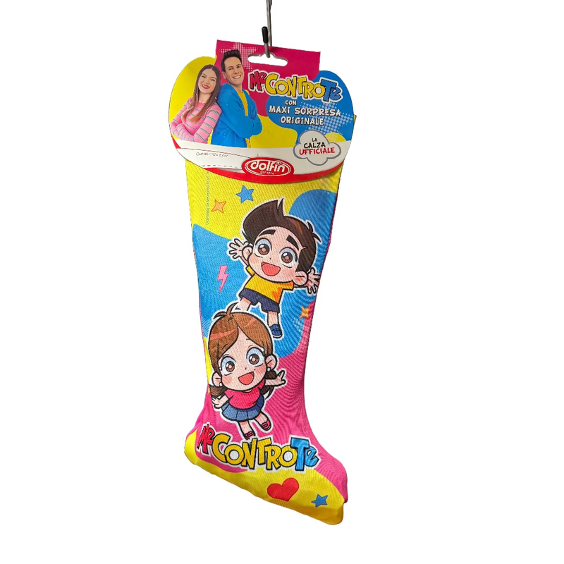 Cartoon-themed sock with characters on a hanger in a storage room.