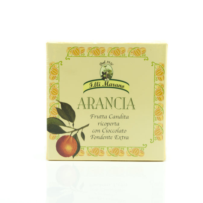 Box of 'Arancia' with an orange design on a white background