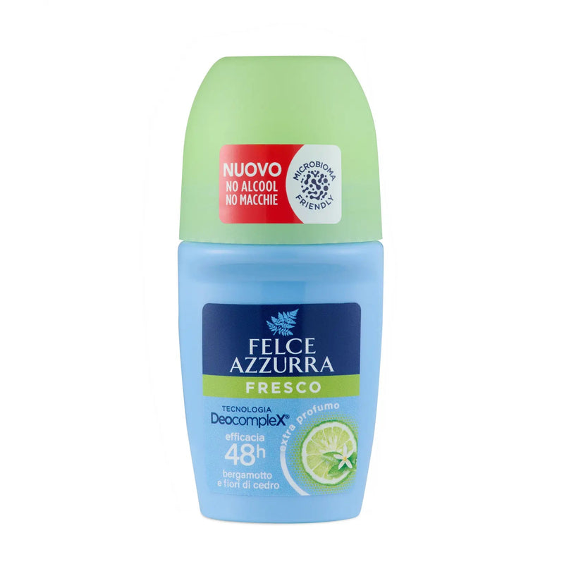 Felce Azzurra Fresco roll-on deodorant in a light blue bottle with a light green cap, featuring a lime graphic and a red 'Nuovo No Alcohol' label.