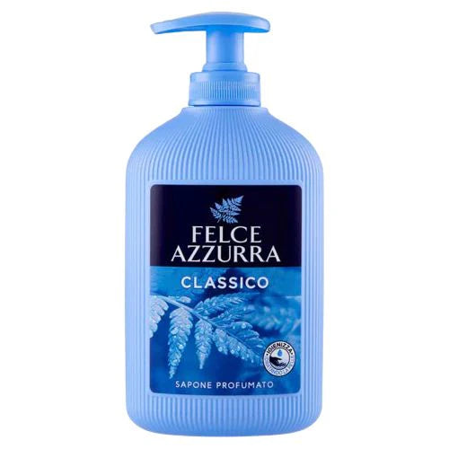A bottle of Felce Azzurra Classico hand wash with a blue pump dispenser and a dark blue label featuring fern graphics, set against a plain white background.