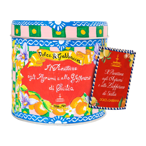 Dolce & Gabbana Panettone packaging with colorful design on a white background