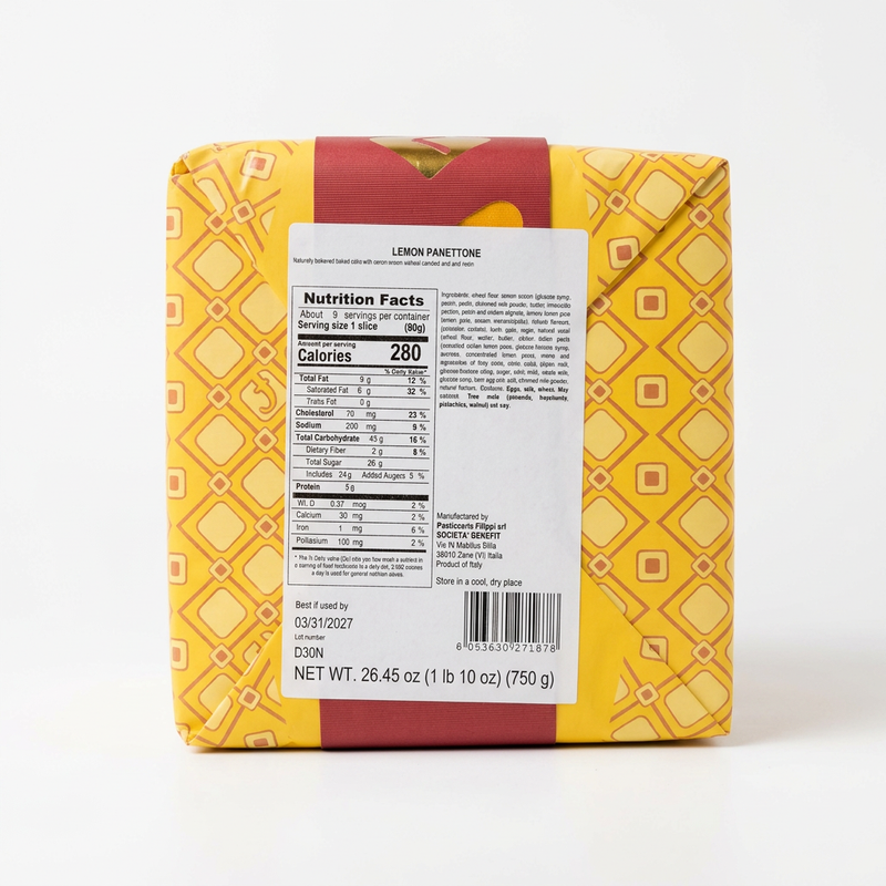 Back label of the Filippi Limone di Sicilia panettone box with nutrition facts and ingredients