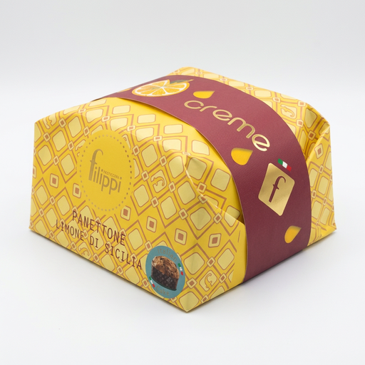 Angled view of the Filippi Limone di Sicilia panettone box with its burgundy creme band