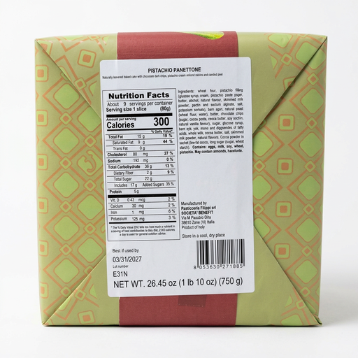 Back label of the Filippi pistachio panettone box with nutrition facts and ingredients