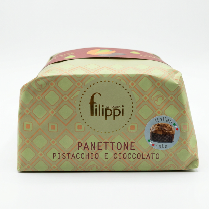Filippi Panettone Pistacchio e Cioccolato wrapped box with Filippi logo and Italian cake sticker