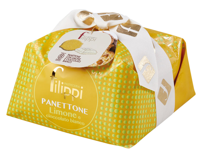 Packaged Filippi Panettone with Lemon and White Chocolate, yellow wrapping with brand and product name, decorated with a bow.