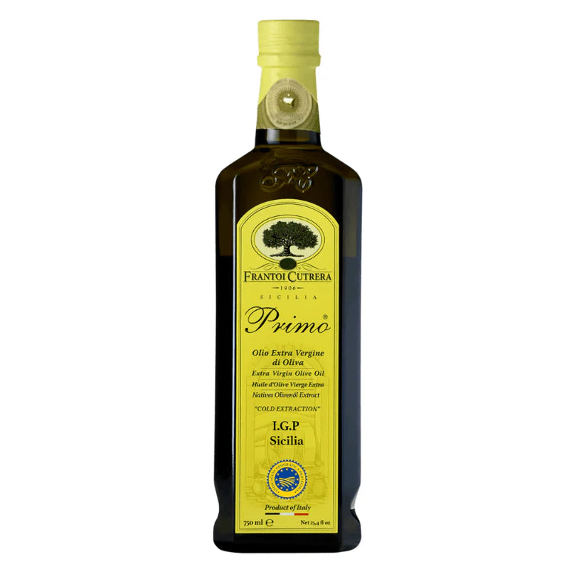 Bottle of Frantoio Cutrera olive oil on a white background