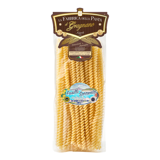 Packaged fusilli pasta with Gragnano branding on a white background
