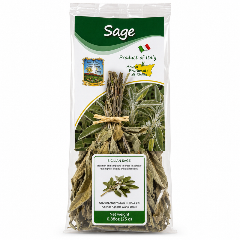 A package of dried Sicilian Sage herb, showing the green and beige dried leaves inside a clear plastic bag with a white and green label.