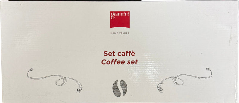 Coffee set packaging with a white label featuring red text and a logo on a white background.