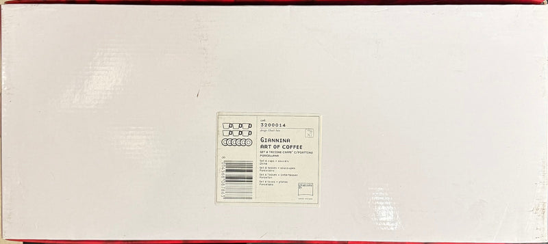 Back view of a white box with a barcode and text on a red background