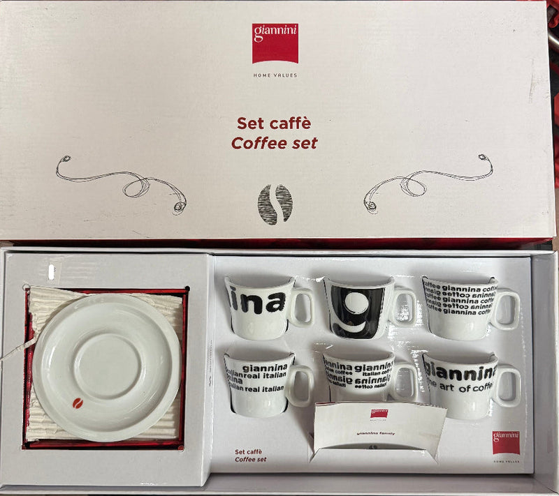 Gianinno coffee set in packaging on a tiled floor