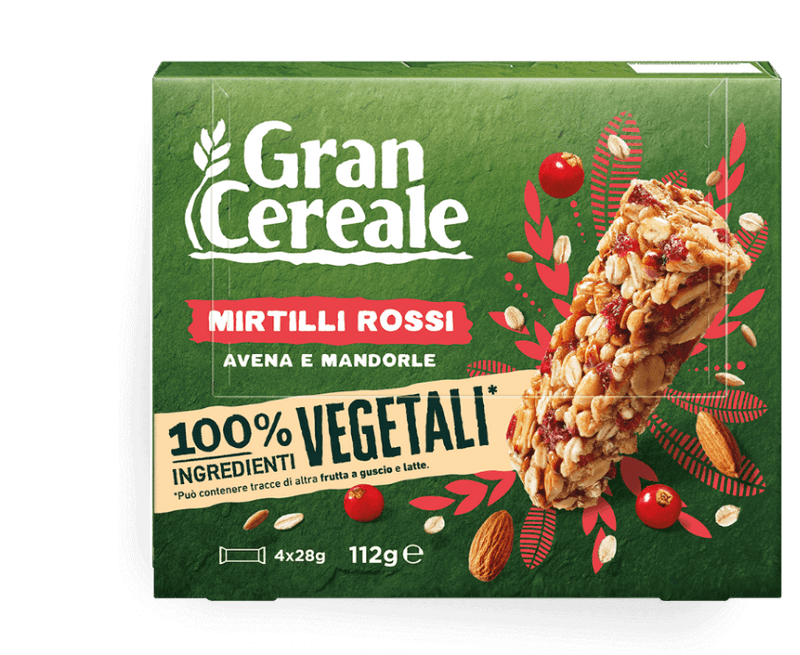 Box of Gran Cereale Mirtilli Rossi with a granola bar on a green background