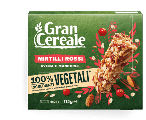 Box of Gran Cereale Mirtilli Rossi with a granola bar on a green background