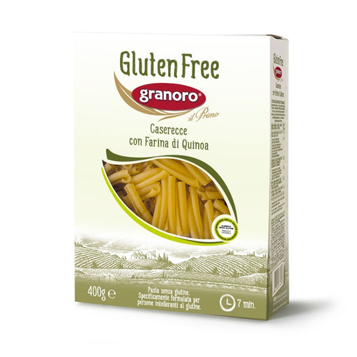 Box of gluten-free pasta with granoro branding on a white background