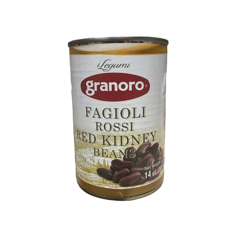Granoro red kidney bean can on a tiled floor with various items in the background