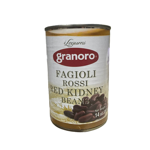 Granoro red kidney bean can on a tiled floor with various items in the background