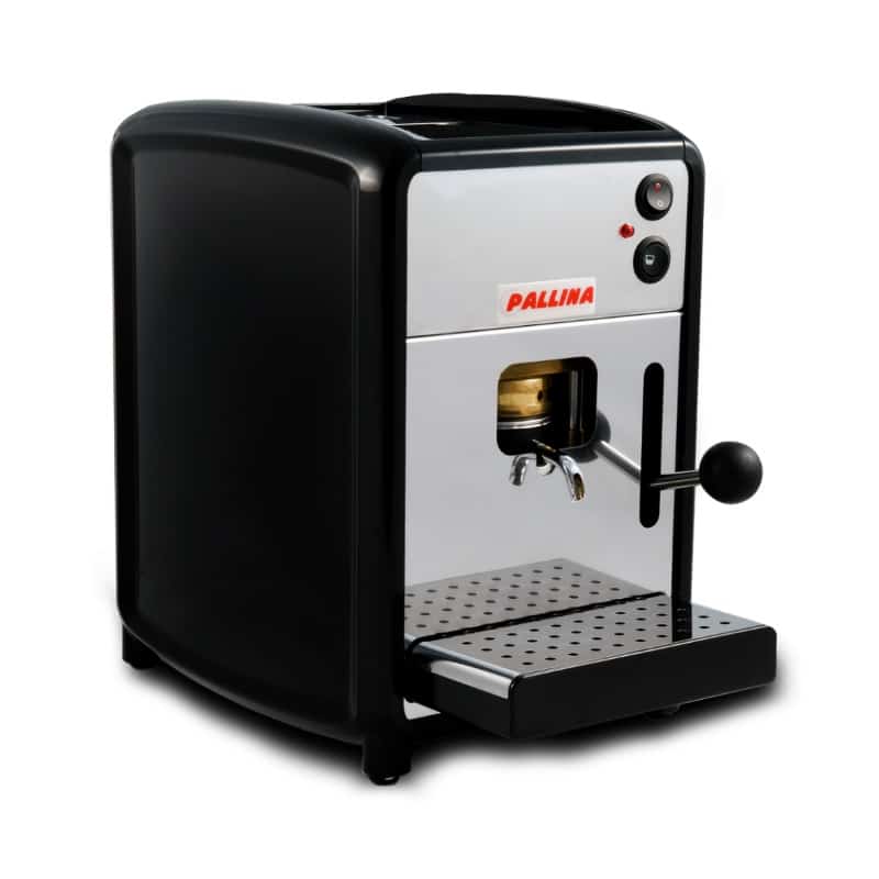A compact GRIMAC Pallina ESE Pod Espresso Machine in black color with a visible brass heat exchanger and a lever for coffee dispensing.